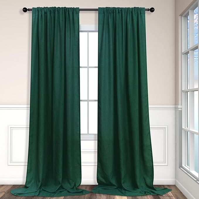 Dark Green Curtains 108 Inches Long for Living Room 2 Panels Back Tab Pocket Semi Sheer Linen Deep Hunter Forest Curtains for Patio Door Aesthetic Academia Decor Christmas Background Cortinas Verdes