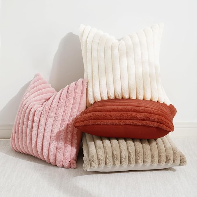 decorUhome Cozy Faux Fur Throw Pillow Covers 18x18 Set of 2 Decorative Soft Plush Striped Modern Farmhouse Boho Couch Pillow Cases with Velvet Back for Sofa Bed Living Room, Rust