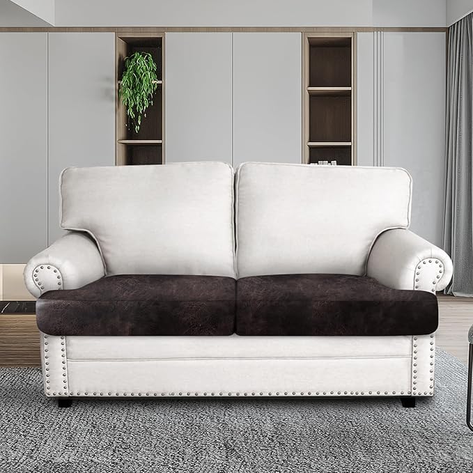 Leather Look Couch Cushion Covers Sofa Seat Slipcovers Sets Couches Furniture Protector for Sectional Armchair Loveseat Pets Kids Stretch Spandex Fabric (2 T-Cushion Loveseat, Chocolate)