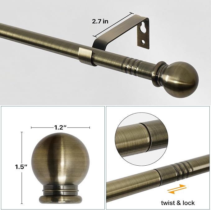 Antique Brass Curtain Rods for Windows 48 to 88, Adjustable 5/8 inch Brushed Brass Curtain Rod Set with Brackets, Heavy Duty Decorative Drapery Rod for Bedroom, Living Room