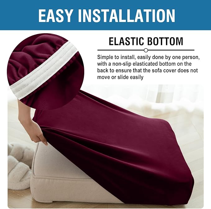 Couch Cover Stretch Velvet Sofa Cushion Cover 3-Piece - Elastic Washable Slipcover for Seat or Backrest, Couch Seat Covers for Sofas (Wine)