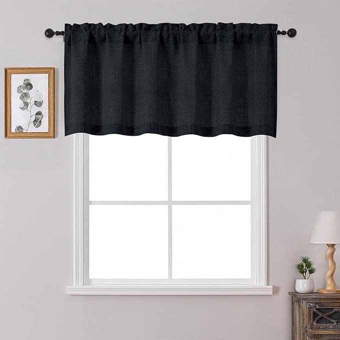 OWENIE Black Valances for Windows 1 Pcs 22 Inch Length, Light Filtering Textured Short Small Valance Curtains for Bathroom Basement Living Room Bedroom, Half Window Curtains Over Sink, 60" W by 22" L