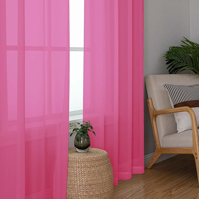 OWENIE Short Hot Pink Sheer Curtains 36 Inch Length 2 Panels Set, Kitchen Tiers Curtains Light Filter Rod Pocket Voile Cafe Curtain for Basement Bathroom Small Half Window, 42" W x 36" L, Hot Pink