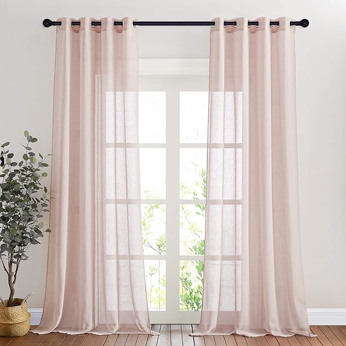 NICETOWN Pink Curtains Linen Sheer Textured, Grommet Semi Sheer Linen Weave Window Drapes Privacy with Light Filtering for Girls Room/Princess Room, W52 x L90, Dusty Blush, 2 Panels