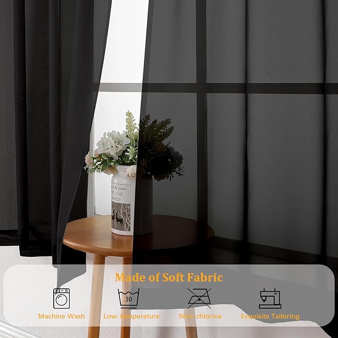 Gwine Black Sheer Curtains 63 Inch Length for Living Room 2 Panels, Light Filtering Rod Pocket Window Curtain Treatment for Bedroom, Voile Elegant Sheer Drapes，Each 42" Wx63 L, Black
