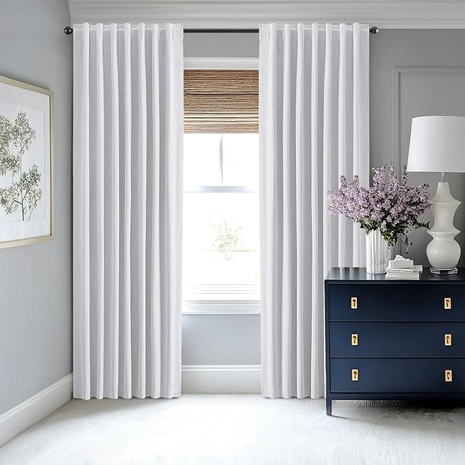 MIULEE 100% Blackout Linen Curtains for Bedroom, Grayish White Solid Luxury Decor Thermal Insulation Room Darkening Drapes for Living Room Nursery Back Tab Rod Pocket 42 x 90 Inches, 2 Panels