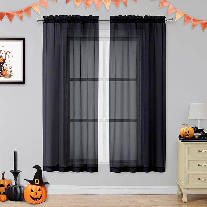 OVZME 2 Panels Sheer Black Curtains 54 Inches Length Window Treatment for Kitchen, Elegant Airy Transparent Curtain Draperies Rod Pocket for Kids Living Room, Each 42 Width 54 Length