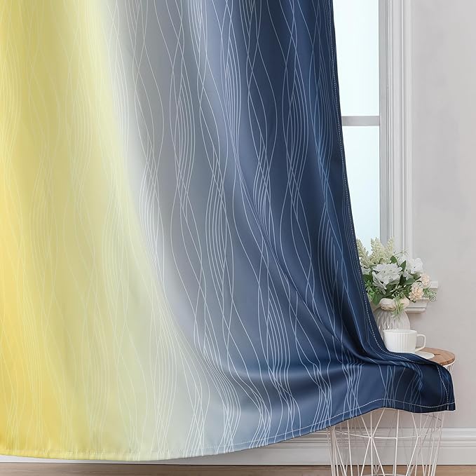 Estelar Textiler Navy Blue and Yellow Blackout Curtains 72 Inch Length 2 Panels Set, Full Room Darkening Grommet Ombre Curtains for Bedroom, Thermal Insulated Light Blocking Gradient Drapes, 52Wx72L