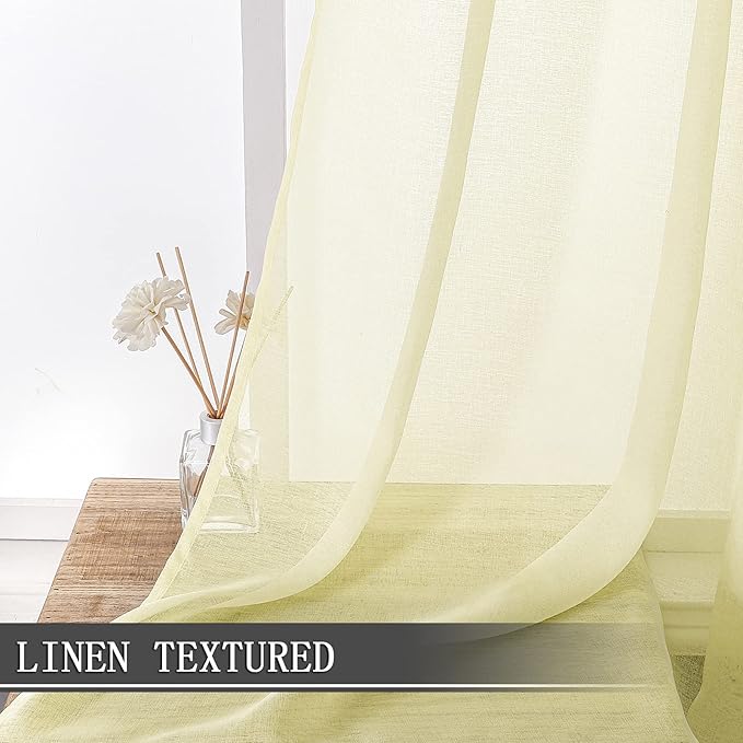 Tollpiz Short Sheer Curtains Linen Textured Bedroom Curtain Sheers Light Filtering Rod Pocket Voile Curtains for Living Room, 54 x 45 inches Long, Transparent Yellow, Set of 2 Panels