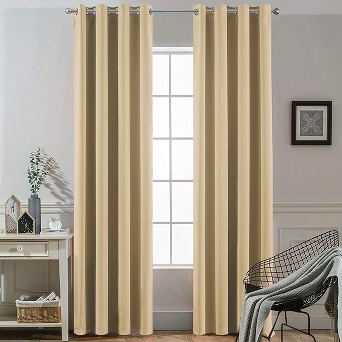 Yakamok Thermal Insulated Grommet Blackout Draperies/Drapes for Bedroom Window,Room Darkening Curtain Panels (2 Panels, W52 x L108 -Inch, Beige)