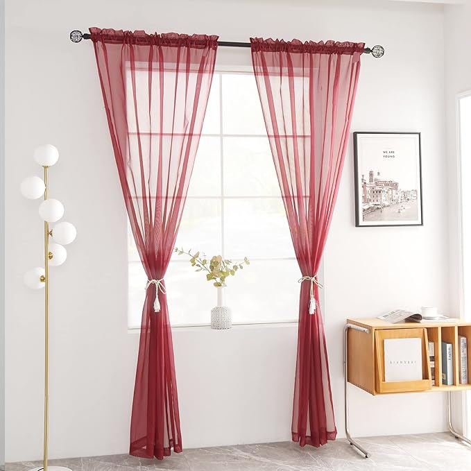 youleyar Solid Sheer Rod Pocket Curtain Voile Draperies 2 Panels White Beige Black Grey Coffee 52 Inch Width 45 Inch Long 1 Pair for Kitchen Bedroom Children Living Room Yard (Wine Red,52Wｘ45L)