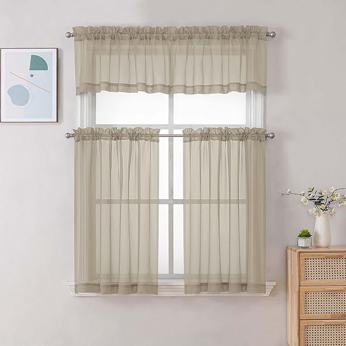 Gwine Taupe Sheer Curtains 30 Inch Length, Short Light Filtering Voile Small Cafe Kitchen Curtains with Rod Pocket, Short Curtain for Bathroom Window, 42x30 Inch, 2PCS