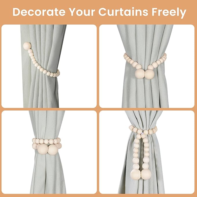 KLOGTSIND Magnetic Curtain Tiebacks, Curtain Tie Backs for Curtains 4 Pack, Wood Bead Curtain Tiebacks, Curtain Holders for Boho Bedroom Decor, Baby Nursery Decor, Farmhouse Decor