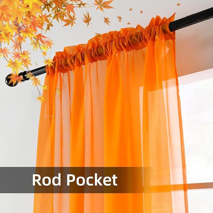 youleyar Solid Sheer Rod Pocket Curtain Voile Draperies 2 Panels White Beige Black Grey Coffee 52 Inch Width 45 Inch Long 1 Pair for Kitchen Bedroom Children Living Room Yard (Orange,52Wｘ45L)