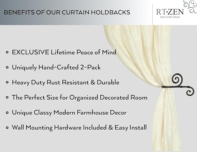 RTZEN Decorative Metal Curtain Tiebacks - Farmhouse Wrought Iron Curtain Holdbacks - Drapery Holders for Wall - Unique Metal Tie Backs for Curtains - 2 Pcs (Black Swirly)