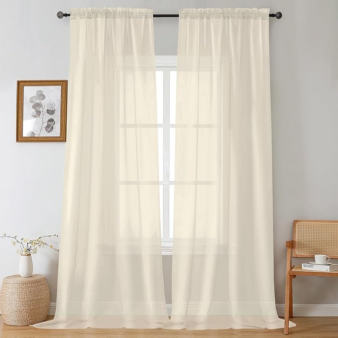 Gwine Cream Sheer Curtains 108 Inches Long 2 Panels Set, Voile Light Filtering Window Treatment Drapes for Living Room Bedroom Canopy, Each 42Wx108L inches, 9 Ft, Cream