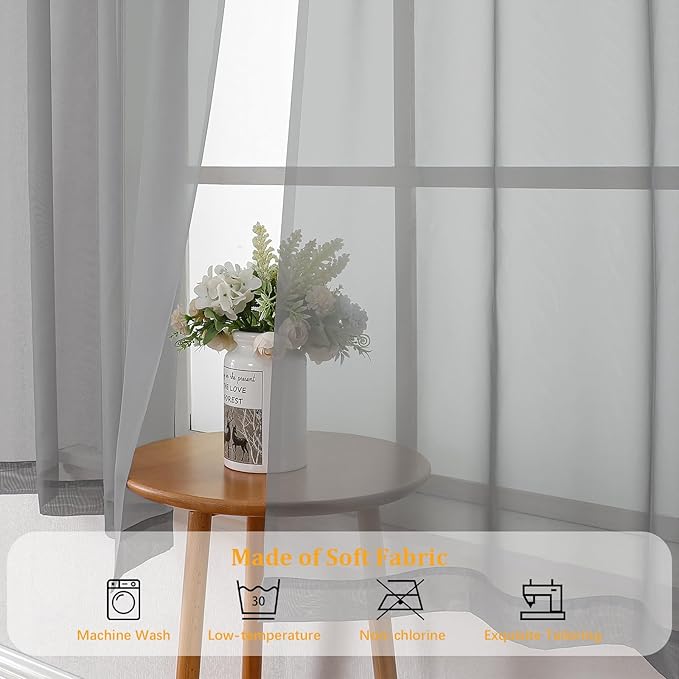 Gwine Light Grey Sheer Curtains for Living Room 45 inches Long, Short Voile Light Filtering Window Treatments Sheer Curtains for Bedroom, Half Window Drapes with Rod Pocket, Each 42" Wx45 L