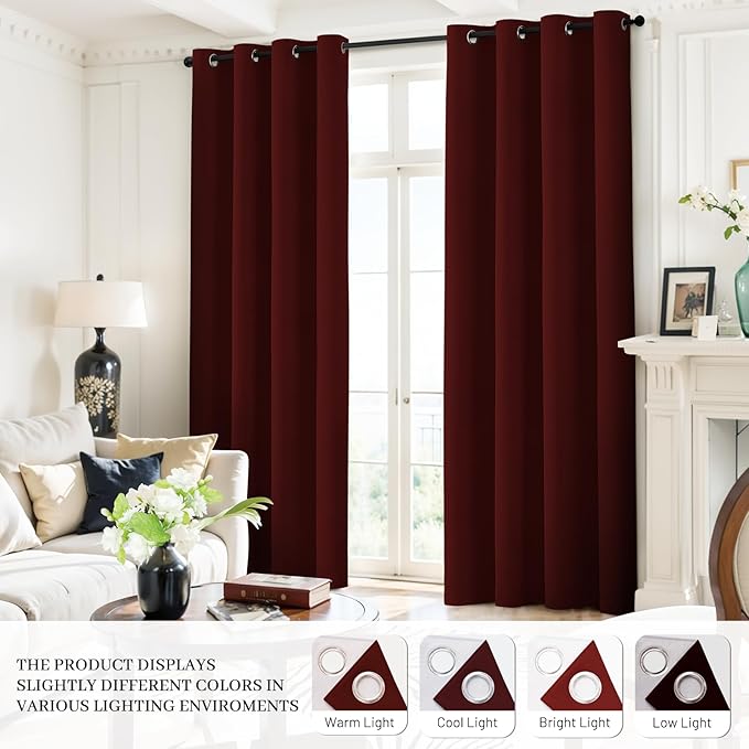 Yakamok Room Darkening 100% Blackout Curtains Grommet Window Treatments with 2 Thick Layers-Burgundy Red Thermal Insulated Drapes Set of 2 Panels for Bedroom Living Room 52 Inches by 63 Inches Length