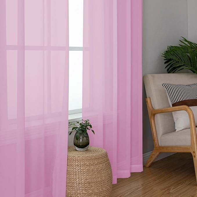 Chyhomenyc Pink Sheer Curtains 54 Inch Long 2 Panels, Light Filtering Rod Pocket Voile Short Curtains Drapes for Living Room Bedroom Small Windows, 42Wx54L Inches
