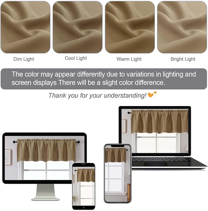 Chyhomenyc Taupe Blackout Valances for Windows, Short Window Valance Curtains for Living Room Bedroom Bathroom, Room Darkening Solid Privacy Small Kitchen Valances, 60Wx16L, 2 Pack