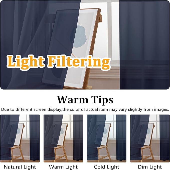 Gwine Navy Blue Sheer Kitchen Curtains 36 Inch Length, Light Filtering Voile Soft Airy Small Cafe Curtains, Short Window Curtain for Bathroom Basement, 42x36 inch, 2PCS