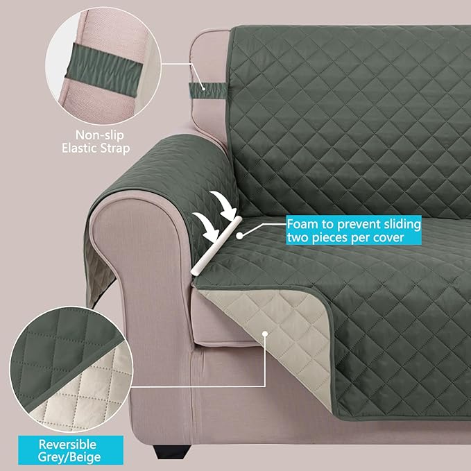 U-NICE HOME Recliner Chair Covers Reversible Quilted Water Repellent Pet Protectors with Elastic Straps (23''Recliner Small, Grey/Beige)