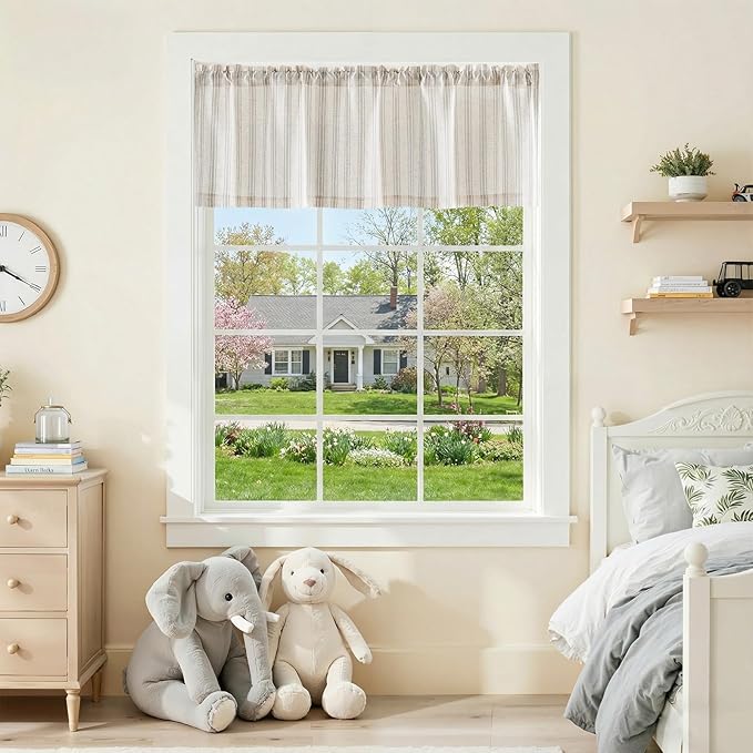 jinchan Striped Valance Farmhouse Window Treatment Linen Textured Drapes for Small Windows Kitchen Living Room RV Vintage Light Filtering Valance 16 Inch Rod Pocket 1 Panel Taupe Grey on Linen