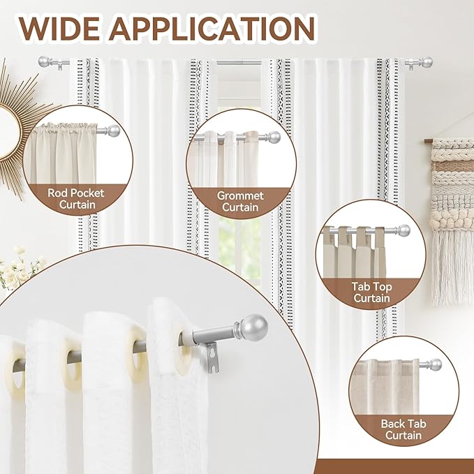 Silver Curtain Rod for Windows 66 to 120 Inch, 5/8 Inch Diameter Adjustable Curtain Rods With Brackets, Heavy Duty Easy to Install, Suitable for Bedrooms and Outdoor