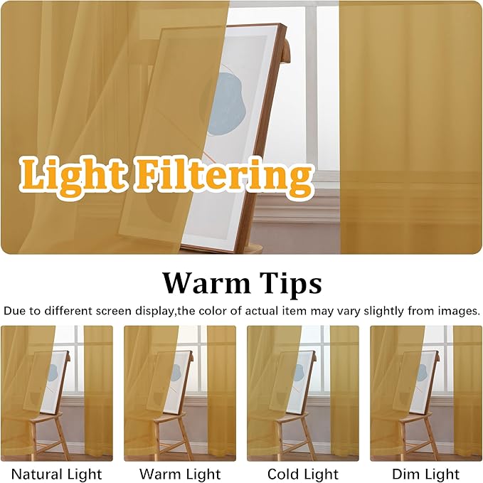 Gwine Gold Sheer Curtains 63 Inch Length for Living Room 2 Panels, Light Filtering Rod Pocket Window Curtain Treatment for Bedroom, Voile Elegant Sheer Drapes，Each 42" Wx63 L, Gold