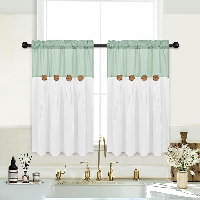 FRAMICS Boho Kitchen Curtains 36 Inch Length, Farmhouse Cotton Linen Tier Curtains, Rustic Button Short Curtains for Windows, Sage Green Country Cafe Curtains, Rod Pocket Small Window Curtains, 26x36