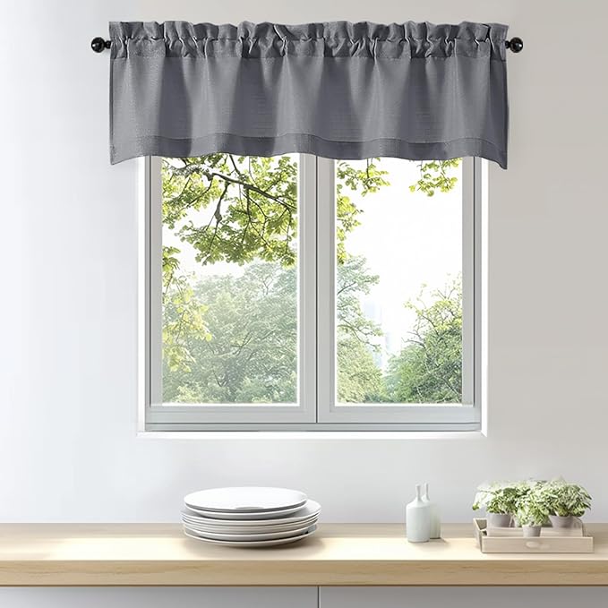 OWENIE Bob 1 PCS Dark Grey Valances for Windows, Faux Linen Textured Kitchen Window Curtains Valance for Bedroom Living Room, Modern Soft Airy Solid Rod Pocket Bathroom Cafe Curtain, 60Wx16L Inch