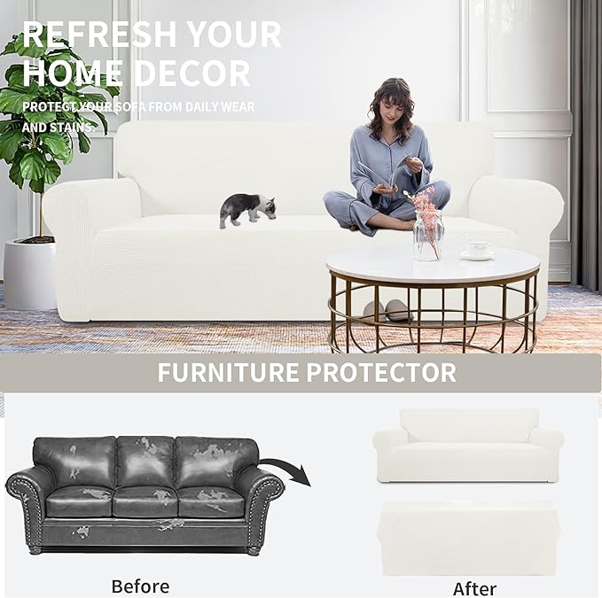 Easy-Going Stretch Loveseat Slipcover 1-Piece Sofa Cover Furniture Protector Couch Soft with Elastic Bottom for Kids Polyester Spandex Jacquard Fabric Small Checks (Loveseat, Cream)