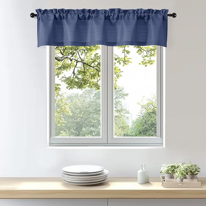 OWENIE Bob 1 PCS Blue Valances for Windows, Faux Linen Textured Kitchen Window Curtains Valance for Bedroom Living Room, Modern Soft Airy Solid Rod Pocket Bathroom Cafe Curtain, 60Wx12L Inch