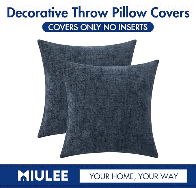 MIULEE Pack of 2 Couch Throw Pillow Covers 20x20 Inch Soft Navy Blue Chenille Pillow Covers for Sofa Living Room Solid Dyed Pillow Cases