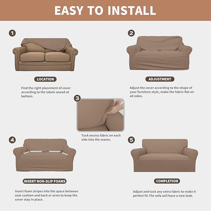 Easy-Going 100% Waterproof Loveseat Couch Cover, Dual Waterproof Sofa Cover, Stretch Jacquard Sofa Slipcover, Leakproof Furniture Protector for Kids, Pets, Dog and Cat(Loveseat, Camel)