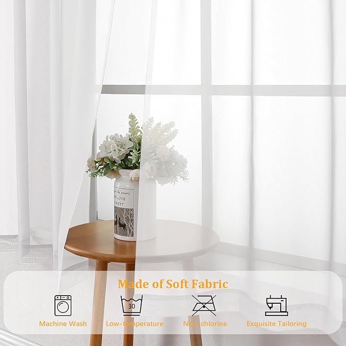 Gwine White Sheer Curtains 96 Inches Long 2 Panels, Elegant Window Treatments Voile Curtains for Living Room, Light Filtering Rod Pocket Sheer Drapes, Each 42" Wx96