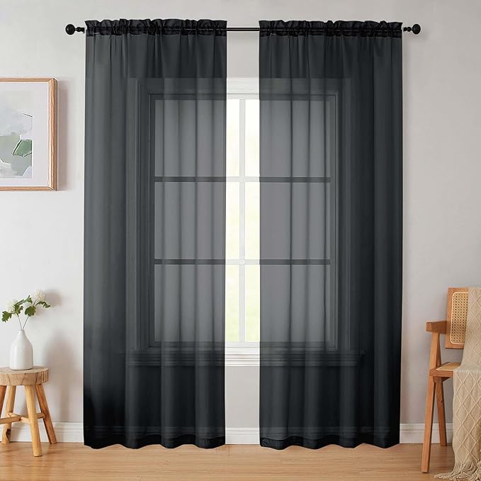 Black Sheer Curtains 84 Inches Long 2 Panels, Soft Airy Light Filtering Curtains for Bedroom Living Room, Modern Rod Pocket Privacy Drapes Window Treatments, Black, Total Wide 84 Inch