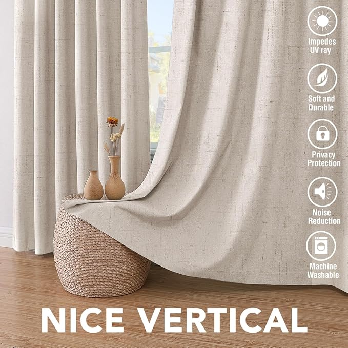 H.VERSAILTEX Linen Blackout Curtains 63 Inches Long, Full Blackout Thermal Insulated Textured Linen Look Curtain Draperies Anti-Rust Grommet with White Liner, 2 Panels, Natural