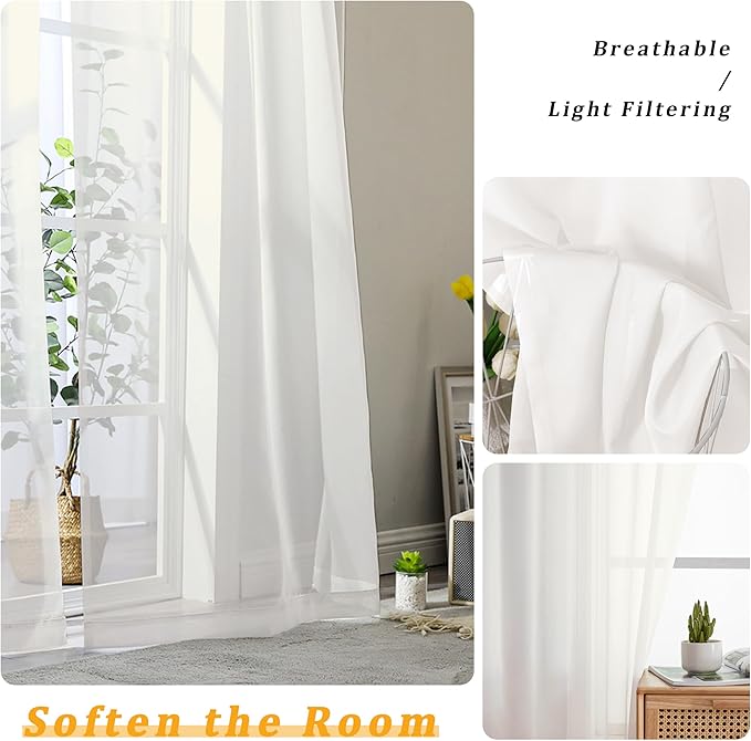 Gwine Ivory Sheer Curtains 90 Inches Long 2 Panels Set, Light Filtering Solid Filmy Drapes for Living Room Bedroom, Elegant Soft Rod Pocket Voile Sheer Window Curtains, 42Wx90L Inch, 2PCS, Ivory