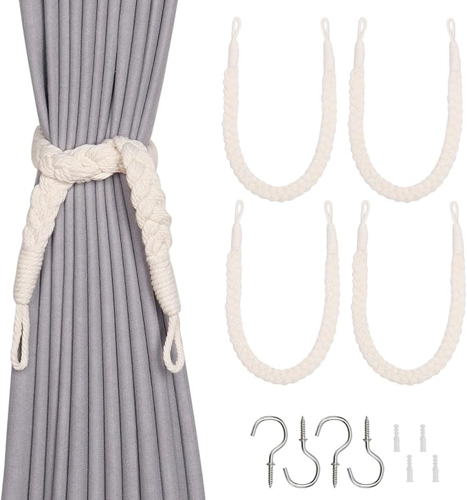 NICEEC 4 Pack Natural Cotton Rope Curtain Tiebacks Elegant Boho Style Decorative Drape Tie Backs Soft Hand-Woven Rope Curtain Holdbacks with Metal Hook for Home & Office Drapery (Cream)