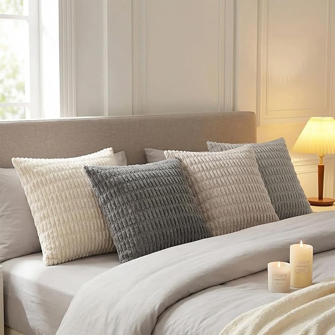 Fancy Homi Set of 4 Grey and White Boho Decorative Throw Pillow Covers 26x26 Inch for Couch Bed Sofa, Aesthetic Modern Bohemian Room Decor, Fuzzy Fluffy Cozy Corduroy Textured Cushion Case 66x66cm