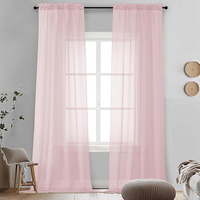 OVZME Blush Pink Sheer Curtains 96 Inches Long 2 Panels - Soft Light Filtering Window Sheer Panels for Living Room/Bedroom, Top Dual Rod Pocket, 1 Pair, Each 42Wx96L Inches