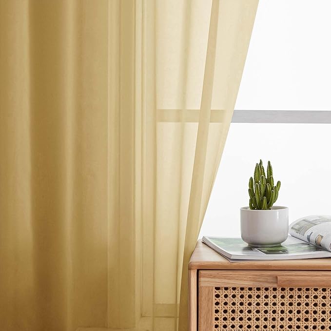 Sheer Gold Curtains for Bedroom Living Room 54 Inch Length 2 Panels Set, Solid Soft Airy Light Filtering Window Treatments, Modern Rod Pocket Drapes, Gold, 42" Wx54 L Inches