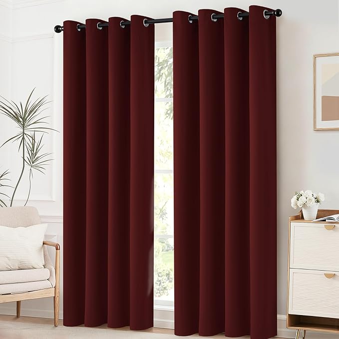 Yakamok Room Darkening Curtains 63 Inches Long Blackout Curtains Thermal Insulated Drapes with Grommets Top Window Treament Curtain for Bedroom Living Room 52 x 63 inch, Burgundy Red, 2 Panels Set