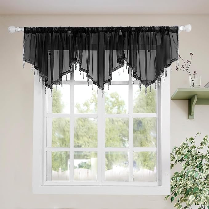 Molaxhome Swag Curtain 51 inch Length Rod Pocket Scalloped Curtain Valance Sheer Lace Panels with Hanging Crystal Beads for Kitchen Bedroom Window Treatments Drape Decor 1pc (Black, 51Wx23L)