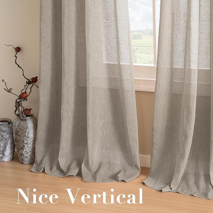 H.VERSAILTEX Natural Linen Curtains Soft Linen Semi Sheer Curtains for Living Room Window Privacy Translucent Ultra Elegant Linen Textured Drapes for Bedroom (52 by 96 Inch, Set of 2, Taupe)