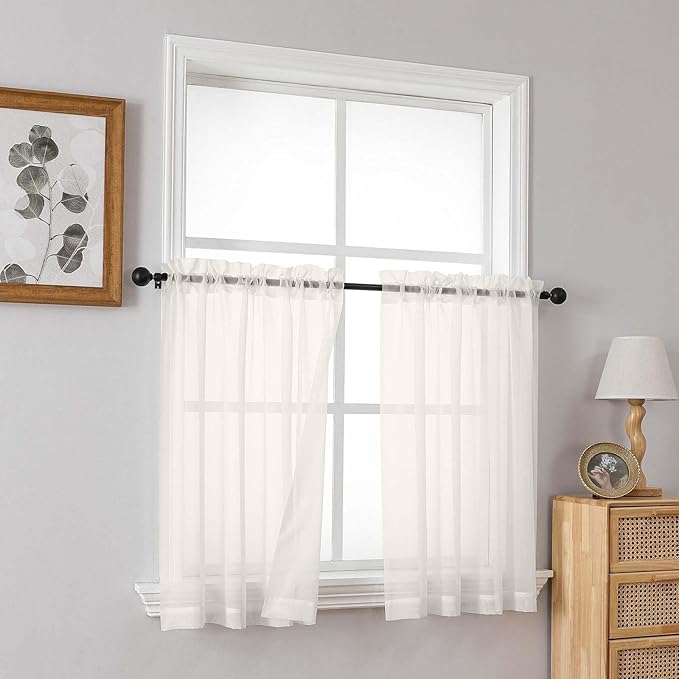 Ivory Sheer Curtains Tier 30 Inches Length 2 Panels Set, Light Filtering Lightweight Soft Window Treatments Drapes, Cute Elegant Cafe Curtains for Nursery, Dual Rod Pocket, 2x42Wx30L Inches