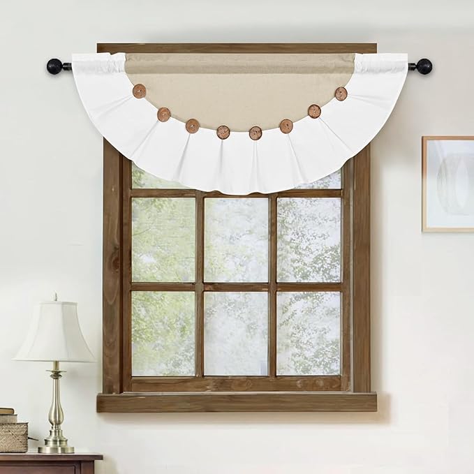 FRAMICS Farmhouse Valance Curtains, Boho Cotton Linen Kitchen Valance, Rustic Button Window Valances, Country Rod Pocket Valances for Windows Bedroom, Semi-Circular, Linen and White, 52 x 18 Inch