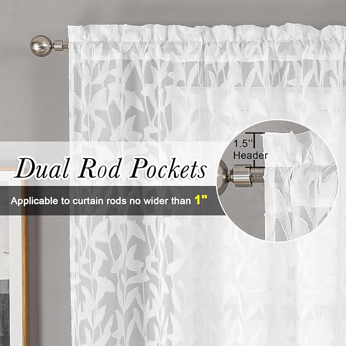 Lecloud Leia 36 Inch White Sheer Curtains Tiers 2 Pieces, Airy & Breathable Jacquard Texture Kitchen/Bedroom/Livng Room Curtain Small Window, Farmhouse Leaves Voile Drapes Dual Rod Pocket, 38W x 36L