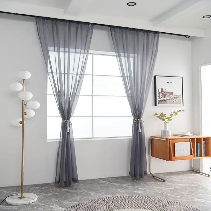SpaceDresser Basic Rod Pocket Sheer Voile Window Curtain Panels White 1 Pair 2 Panels 70 Width 108 Inch Long for Kitchen Bedroom Children Living Room Yard(Grey,70 W x 108 L)